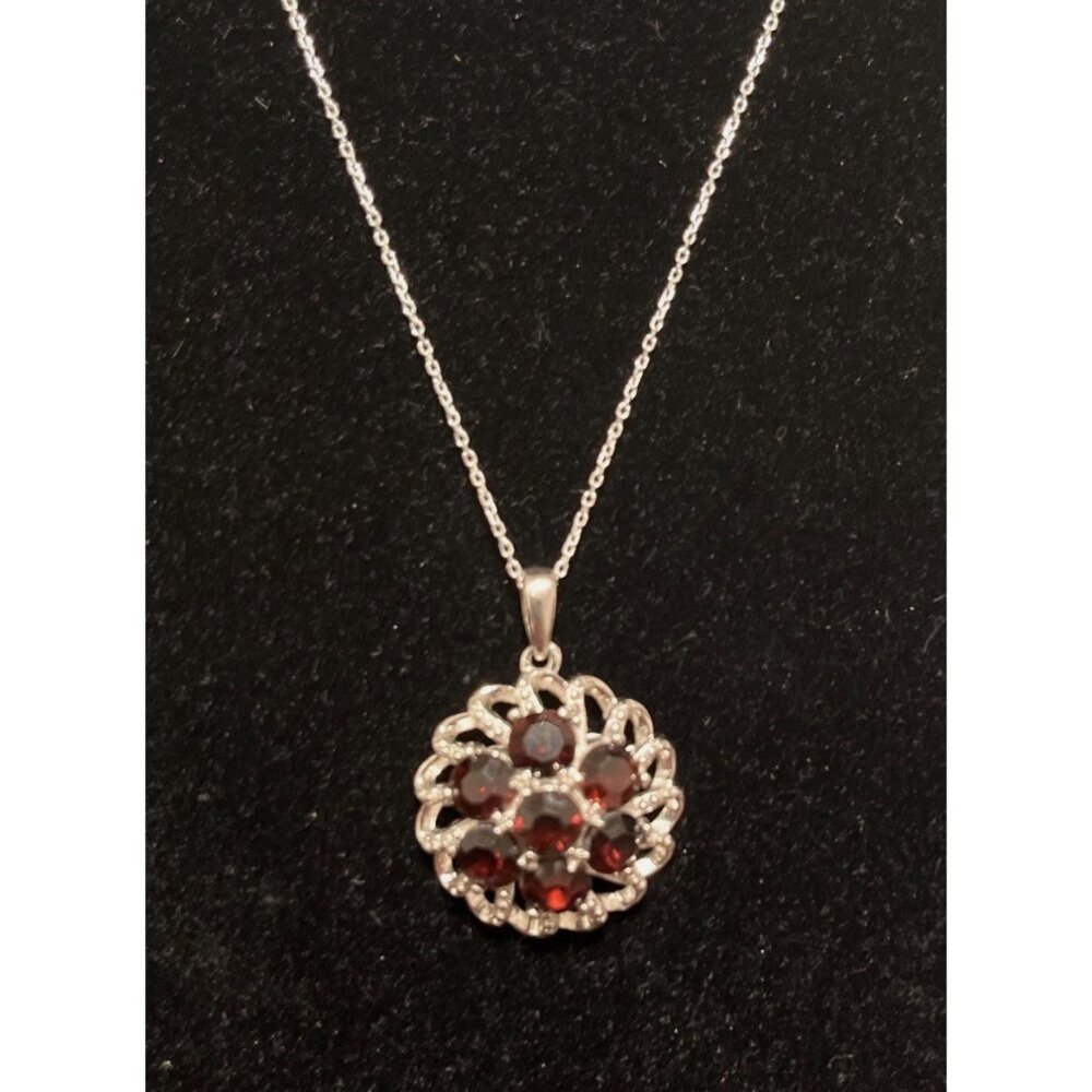 Karis Italy Red Crystal Floral Pendant Platinum Bond On Sterling Silver 18” Chai
